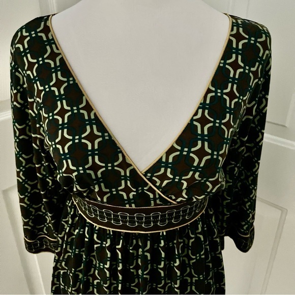 MSSP Max Studio Babydoll Smock Top XS Brown Green Geometric‎ Empire Waist Y2K - Picture 4 of 8